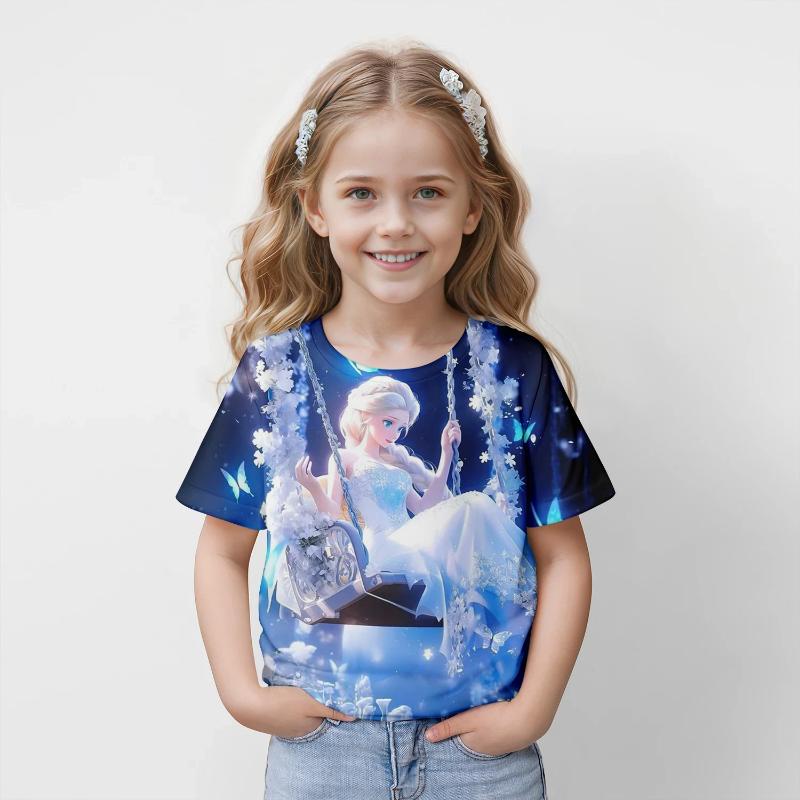 

Летние детские топы с героями мультфильмов «Холодное сердце» из мультфильма «Эльза», футболки с 3D-принтом, детская повседневная одежда с коротким рукавом для девочек, спортивная уличная одежда 120