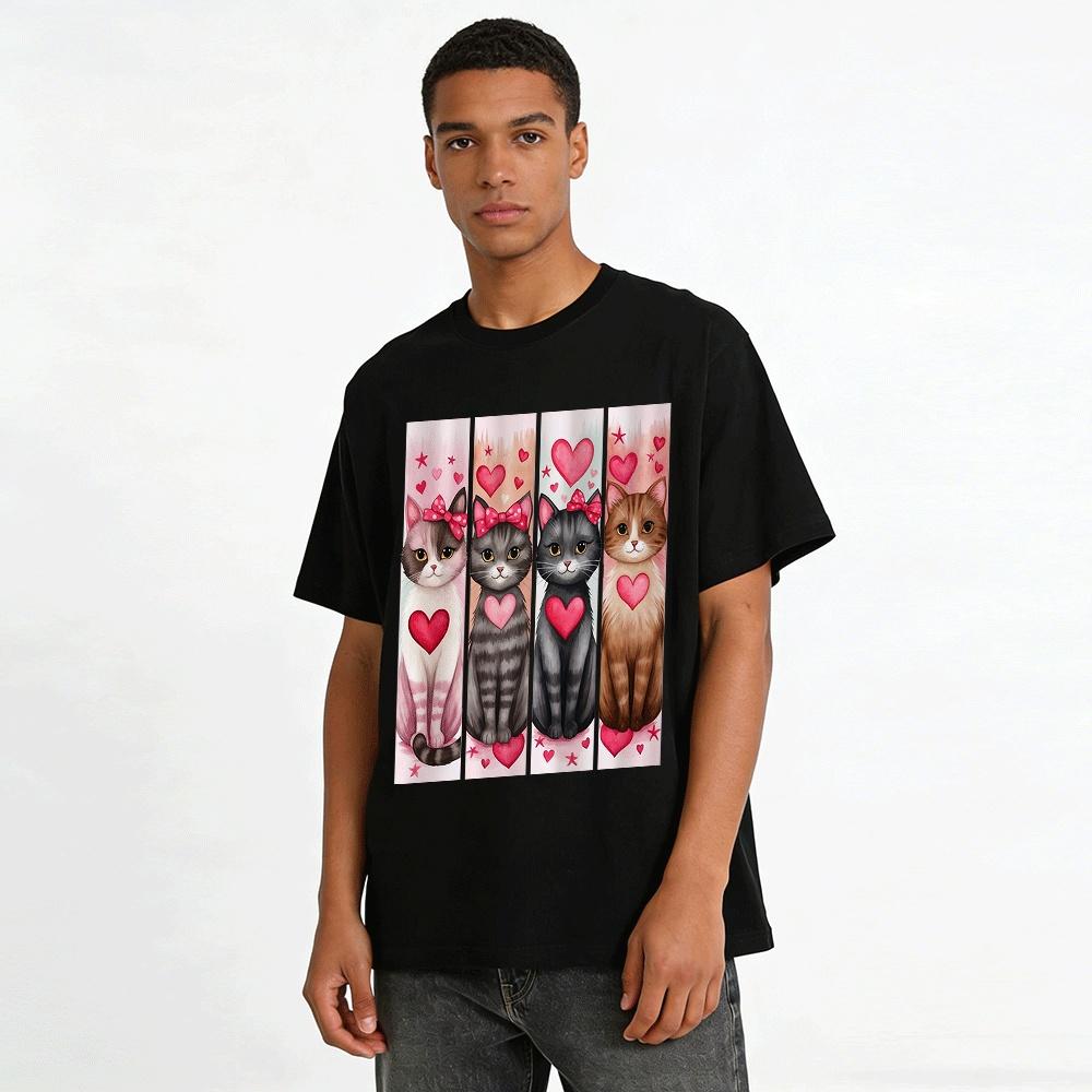 Cute Bow Heart Cat Print Casual Sweatshirt Tops Pure Cotton T-shirt