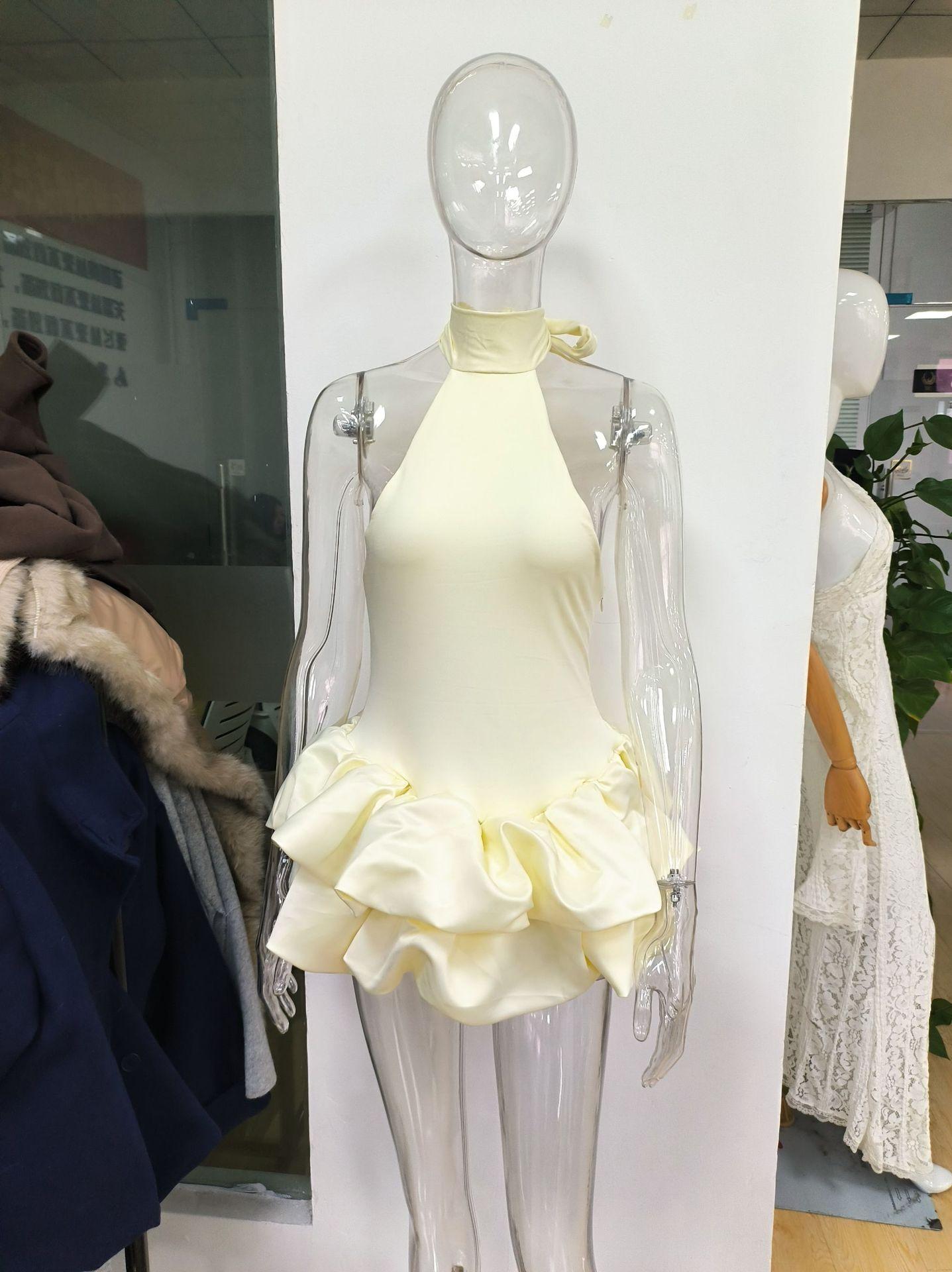 Real foreign trade solid color sweet ruffle edge puffy cake dress stand-up collar sleeveless short skirt women S жёлтый