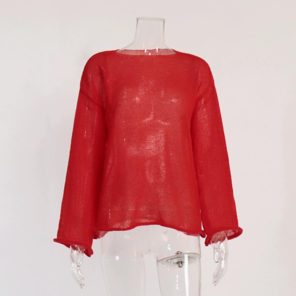 Hollow Knit Sweater Spring and Summer Women's Perspective Thin Section Big Round Neck Flared Sleeve Knitted T-shirt