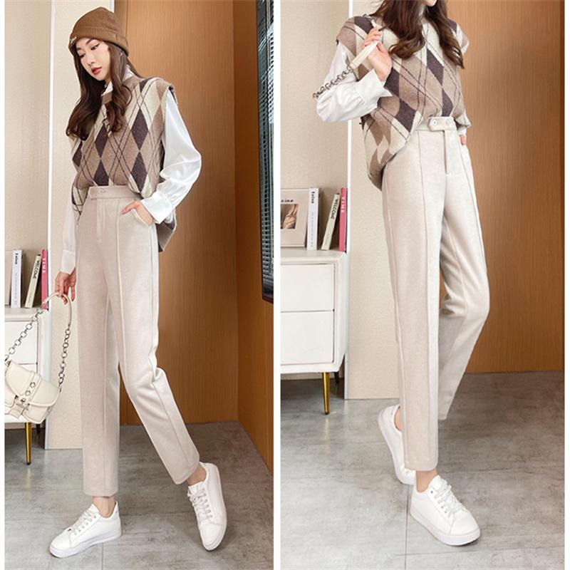 Autumn Winter Fashion Harajuku Thickening Warm Casual Pants Loose Trousers High Waist Korean Slim Women's Woolen Pencil Pants