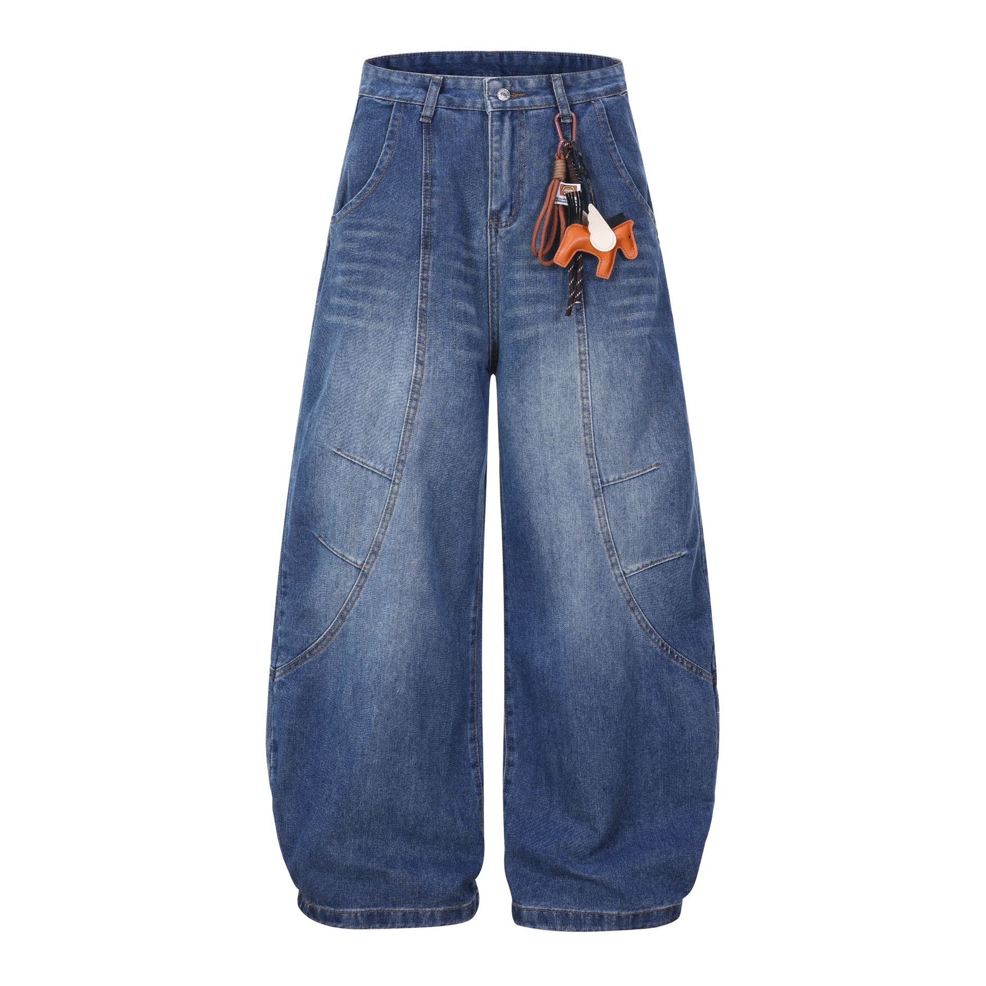 European and American trendy brand high street American scimitar jeans deconstruction splicing loose wide-leg trousers men S