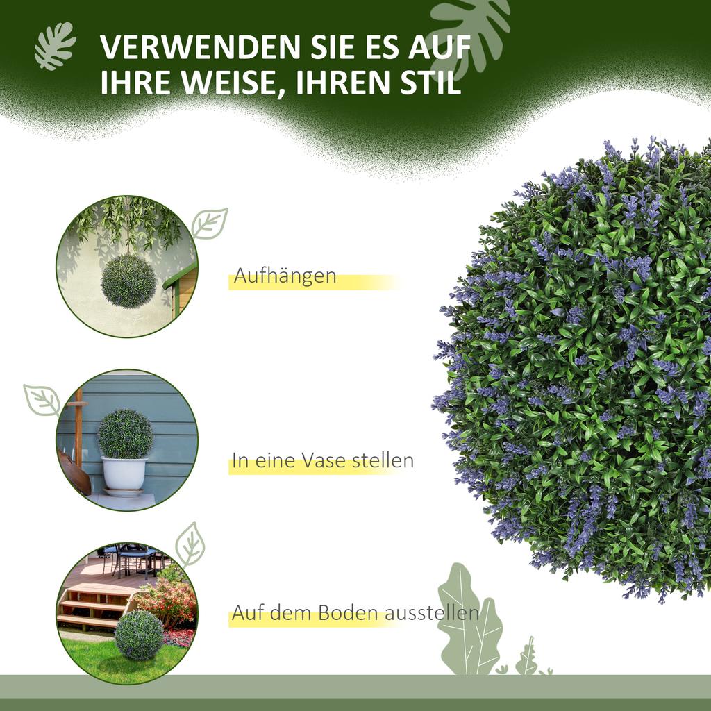 Set of 2 Artificial Plants In Ball Shape, UV-Resistant, Artificial Plants for Indoor and Outdoor Use, 42 Cm, Green+Purple