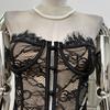 Transparente Spitzen-Knopf-Camisole Netz-Ärmellose Crop Tops Elastische Spitze Langes Korsett Damen