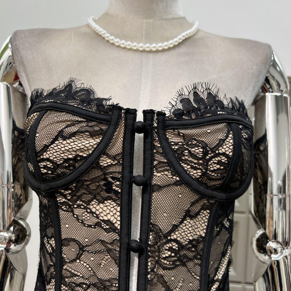 Transparente Spitzen-Knopf-Camisole Netz-Ärmellose Crop Tops Elastische Spitze Langes Korsett Damen