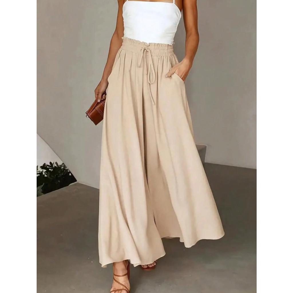New European American Style Women's Summer Casual High Waist Wide Leg Long Culottes Trousers With Elastic Waistband
