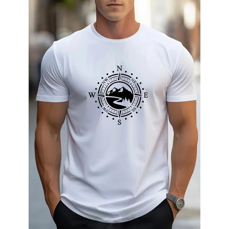 Summer Men's 100% Cotton Casual Loose Large Compass Pattern Printed Sports Comfortable Round Neck Short Sleeve T-shirt Top