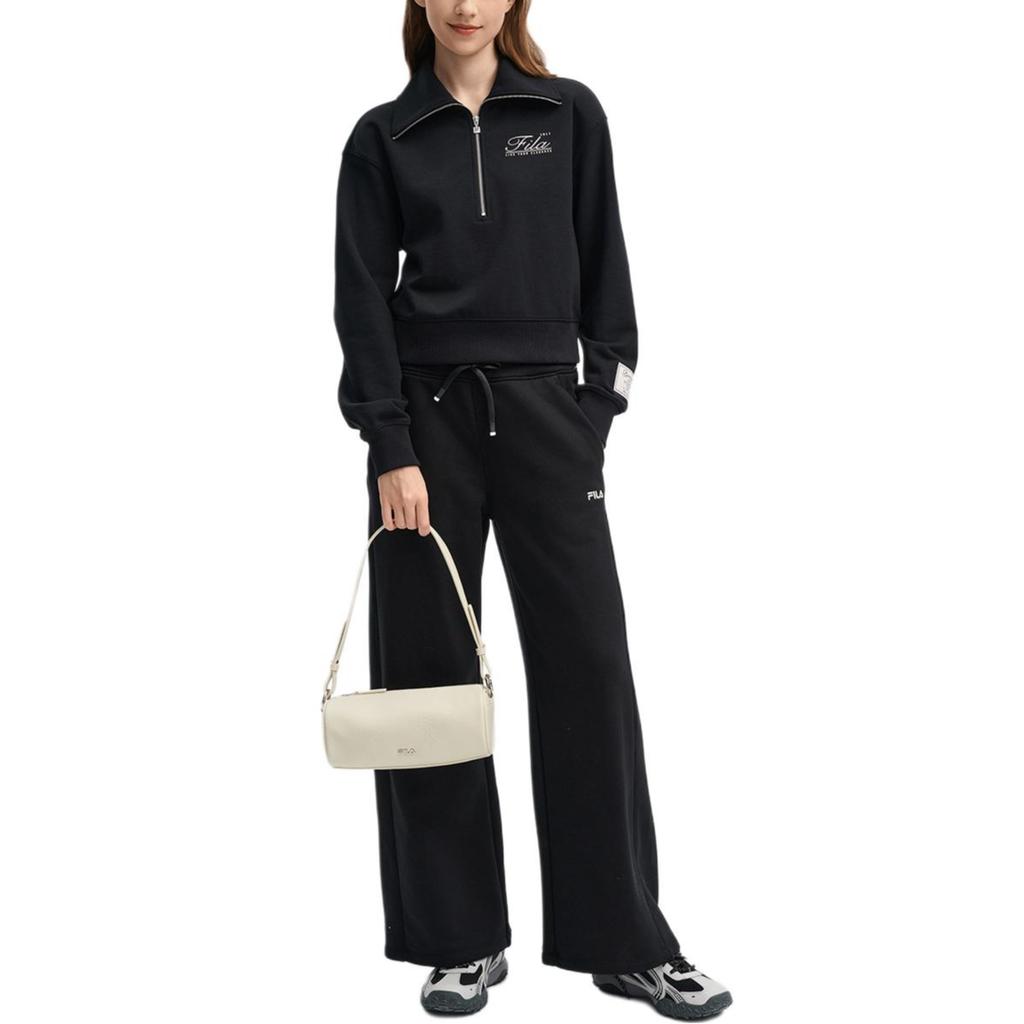 Fila Módní Pohodlný Svetr Písmeno Logo Ležérní Šortky Volná Mikina s Polovičním Zipem a Dlouhým Rukávem Dámská mikina Černá F11W439212FBK