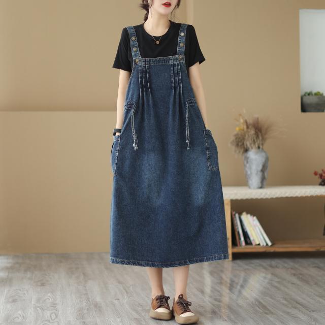 Plus Size Women's Autumn Denim Suspender Skirt - Mid-Length Sleeveless Dress