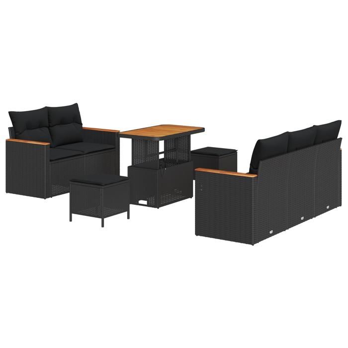 Ensemble de canapé de jardin 8 pièces avec coussins noir poly rotin acacia, Ensemble de salle à manger de jardin 3 pièces 3364939