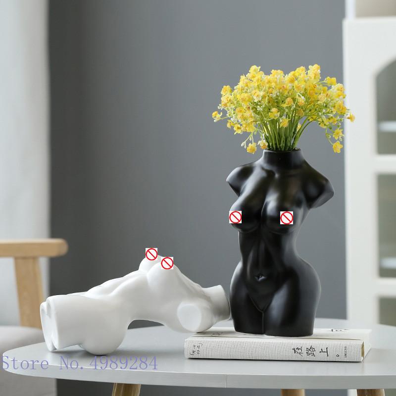 Human Body Ceramic Vase Black and White Nude Abstract Human Female Naked Girl Flower Vase Home Decoration Crafts Ornaments