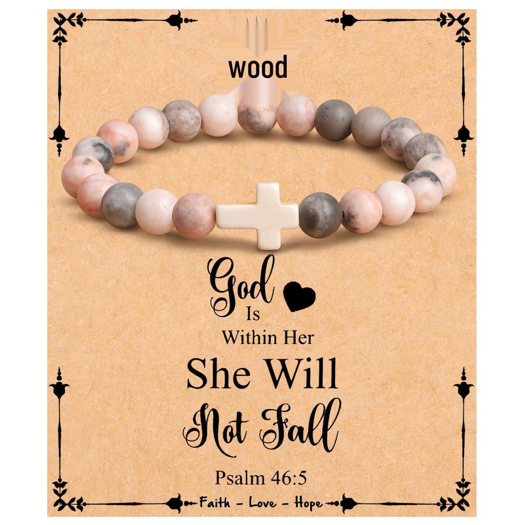 Emperor Stone Pink Zebra Beaded Bracelet with Cross Charm