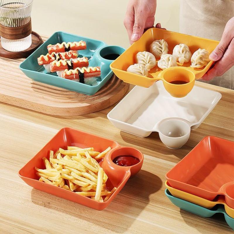 Multi-Purpose Dumpling Plate With Vinegar Plate Snack Dish 2-Grid Spices Dish Dumplings Dessert French Fries Ketchup Holder
