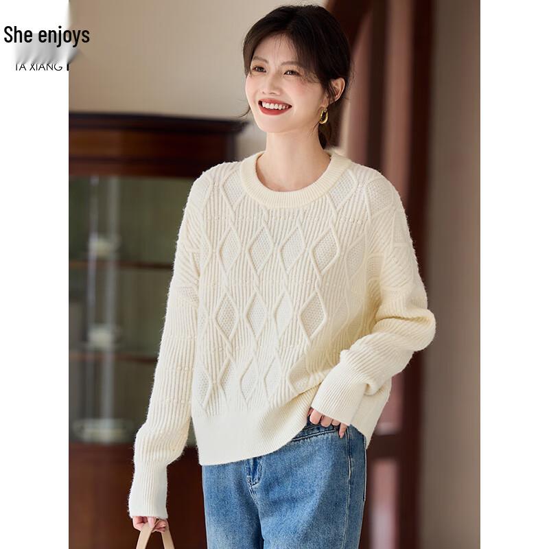 Women's Diamond Cable Knit Round Neck Sweater