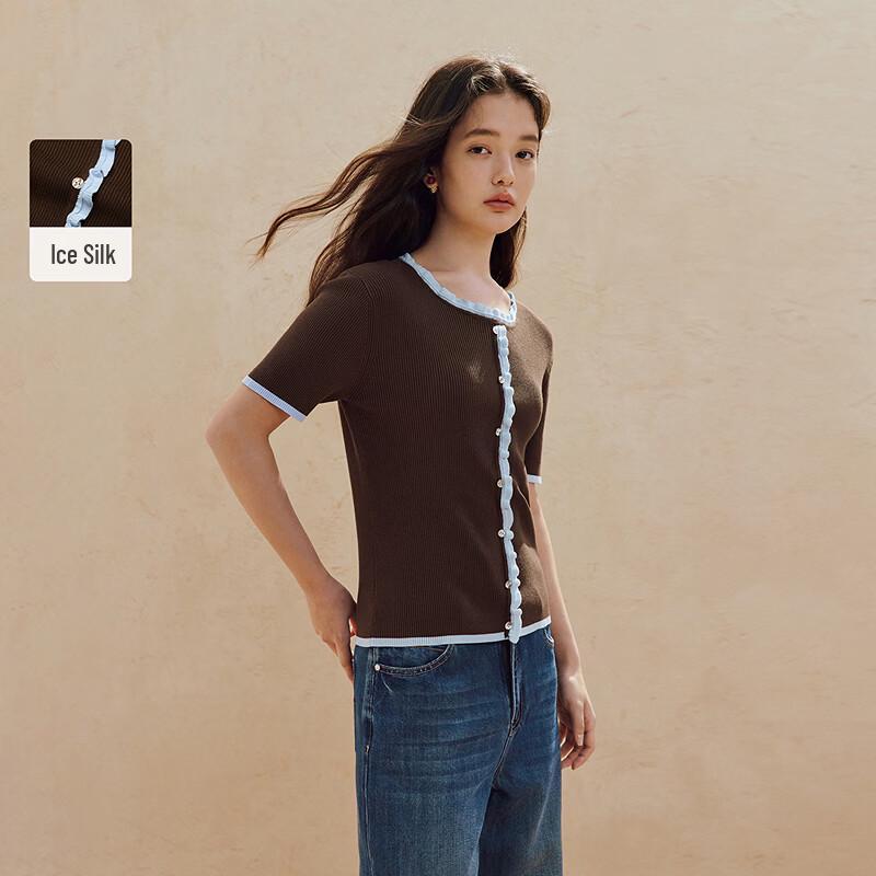 INMAN Women s Ice Silk Round Neck Short Sleeve Knit Top with Color-block Trim S
