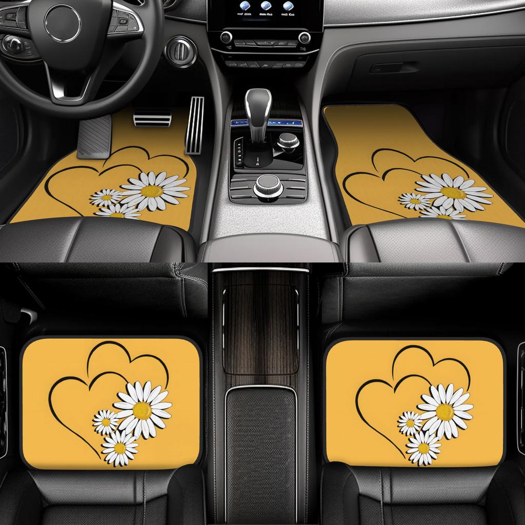 4pcs Yellow Background Heart & Daisies Printed Car Floor Mats Kit, Durable & Elegant, Front & Rear Full Coverage Auto Interior A