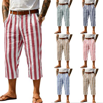 Pantaloni Capri în dungi pentru bărbați, croială largă, talie elastică, pantaloni scurți casual, ușori, respirabili, pentru vară