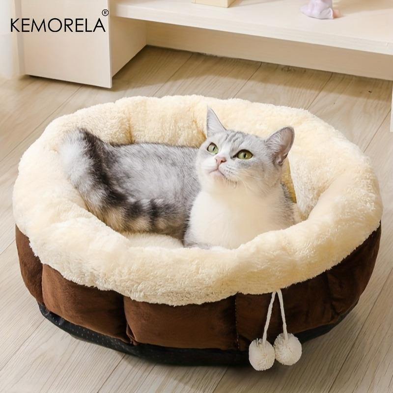 

KEMORELA Круглая зимняя лежанка для кошек с очень высокими бортиками, машинная стирка, с мягкими подушками и нескользящим дном, для кошек и маленьких собак S коричневый