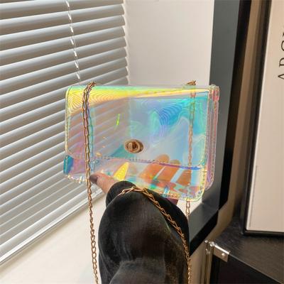 Bolsa de ombro transparente de PVC da moda feminina, bolsa transversal casual, bolsa quadrada, bolsa tote, bolsa laser de verão, bolsa de mão com corrente feminina