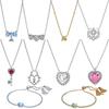 Original S925 Silver Sparkle Pave Gem Heart Key Bow Moon Star Pendant Necklace Tassel Bracelet Luxury Classic DIY Gift Jewelry