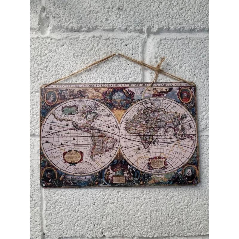 Vintage World Map Tin Sign, Antique Metal Wall Decor