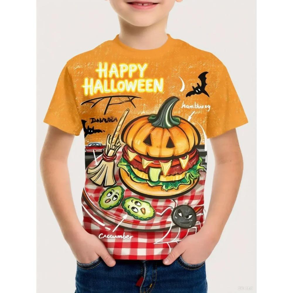 Rundhals 3D Lebensmittel- & Kürbis-Grafik bedruckte Kurzarm-Kinder-Jungen-T-Shirts - Weiches, mittelelastisches Polyestergewebe Sommer Kleidung mit entspannter Passform