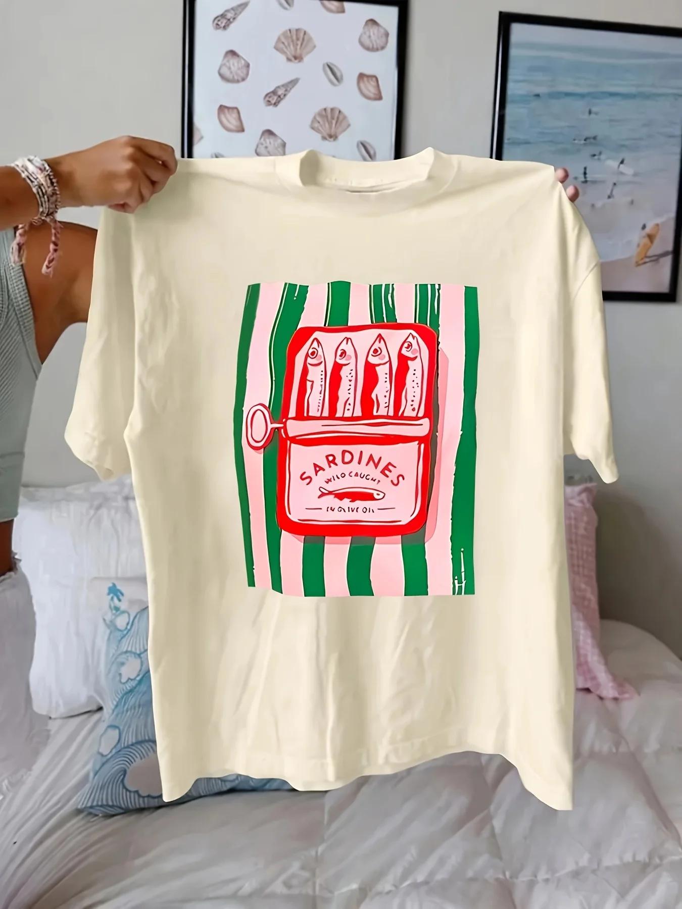 

Sardines Can Pattern Print Women s Casual T-shirts Casual Versatile Women s Summer Short-sleeved Tops T-shirts 4XL