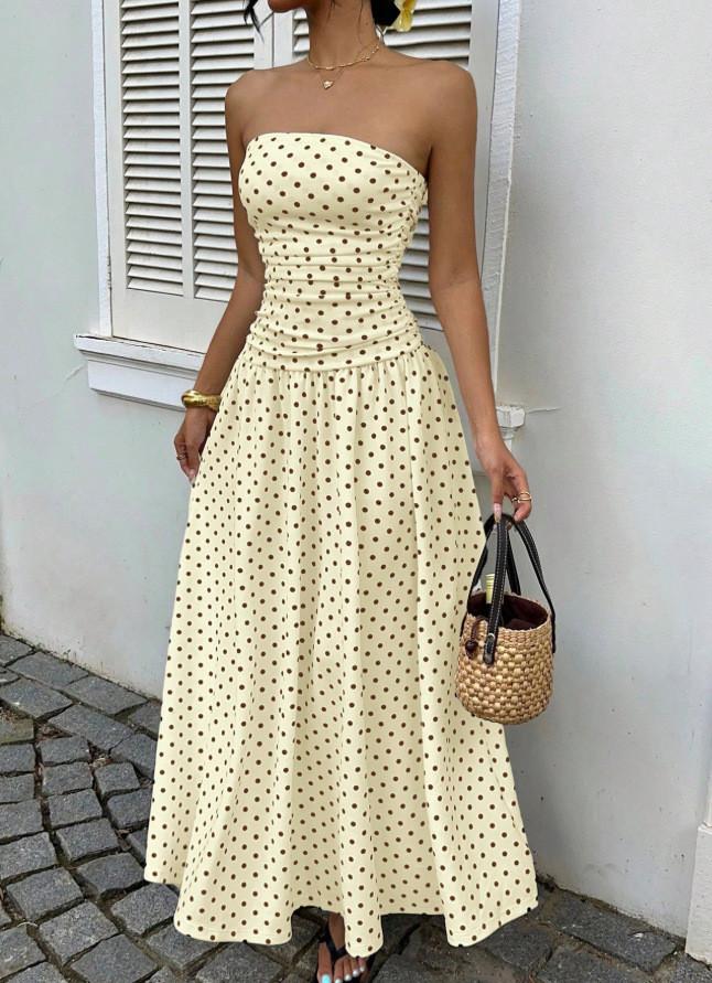 Ärmelloses High-Neck-Langkleid mit Wellenpunktmuster und Rüschensaum für Büro und Alltag