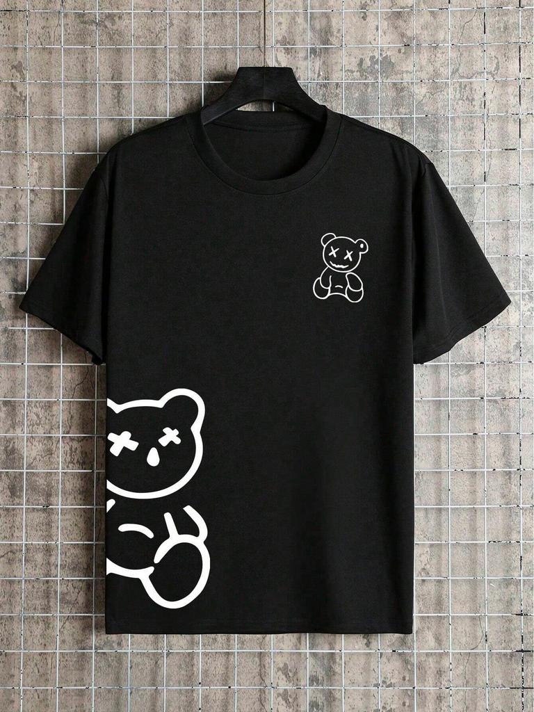 100 Cotton Bear Print Unisexs Tee Loose Round Neck Short Sleeve Fashion Casual Versatile Summer Wear