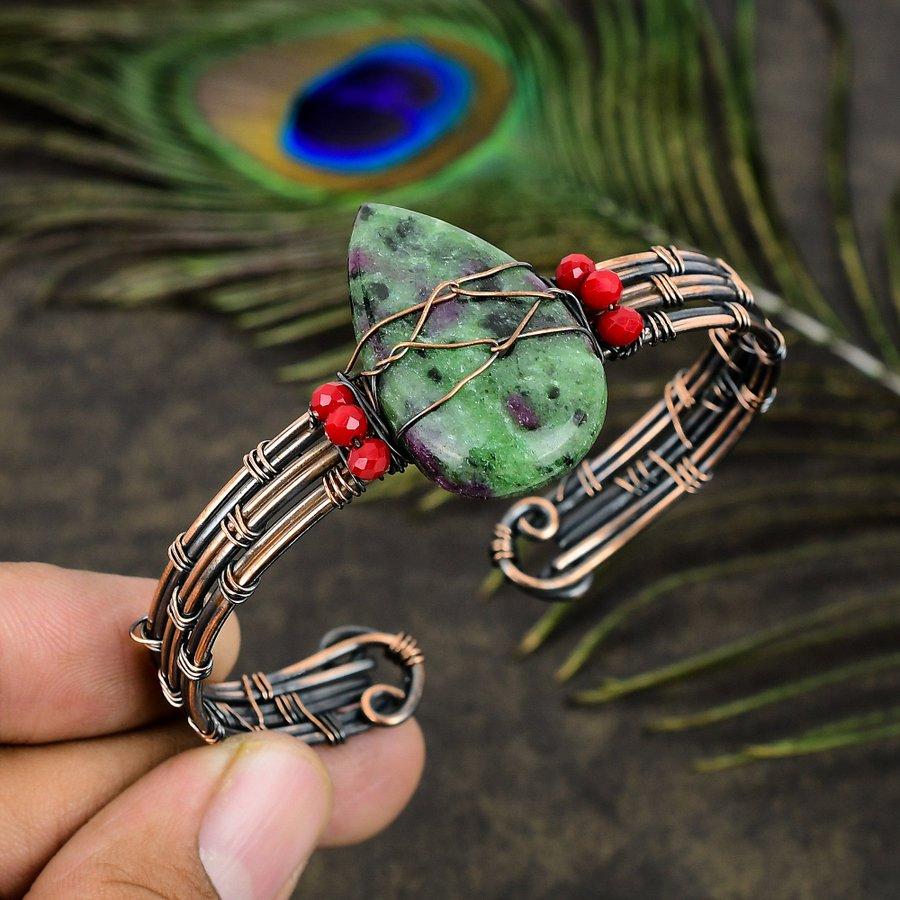 Ruby Zosite Lab-Created Handmade Copper Wire Wrap Cuff Bangle Adjustable v6U08