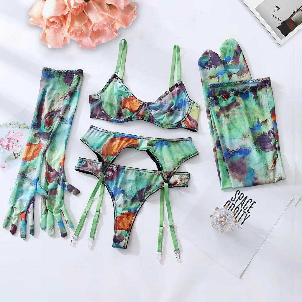 Populární barevné tie-dye malé prsa sbírající síťované sexy spodní prádlo pětidílná souprava pro ženy