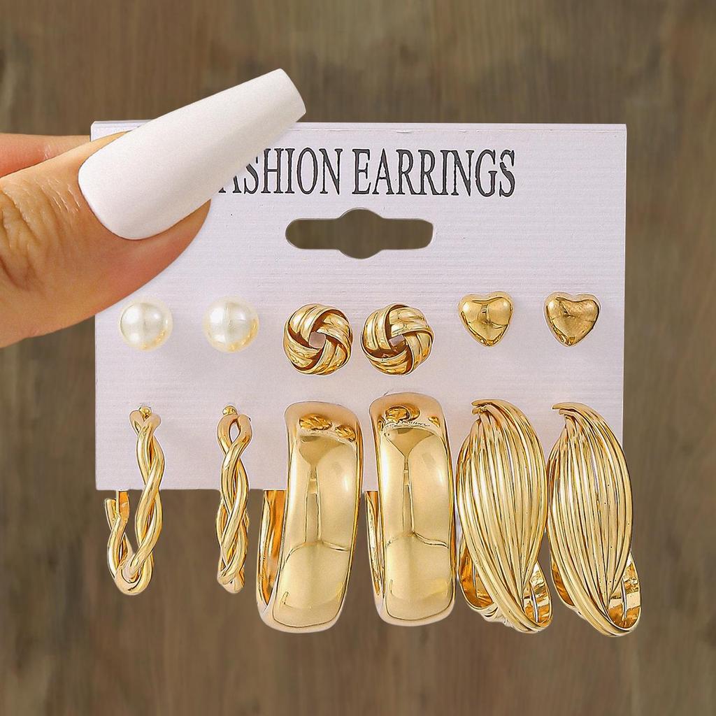 6-Piece Geometric & Pearl Cross Earrings Set: Metal Ear Cuffs and Round Alloy Designs for Women