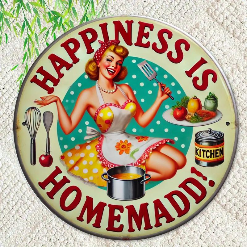 pc Happiness is Homemade xin Round Metal Sign with Vintage Kitchen Illustration HD PrintColorful Wall Decor for Home 20x20cm(8x8inch)