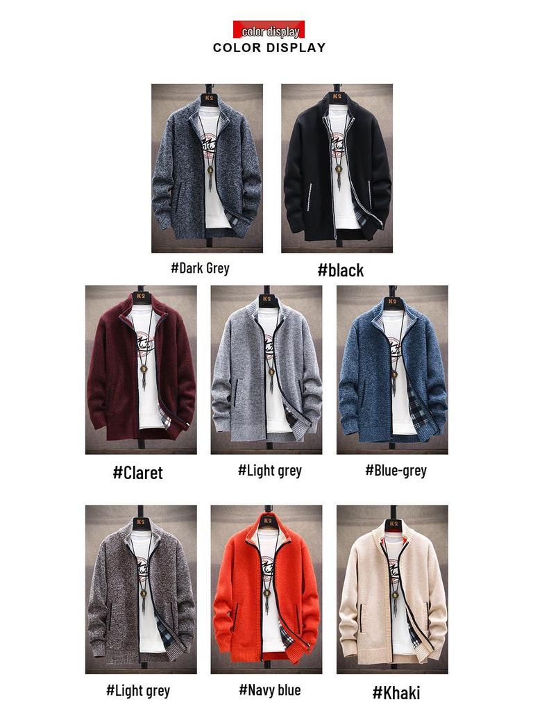 Herren Fleecegefütterte Strickjacke: Herbst/Winter Lässige Strickjacke, Übergröße, Einfarbig, Stehkragen.