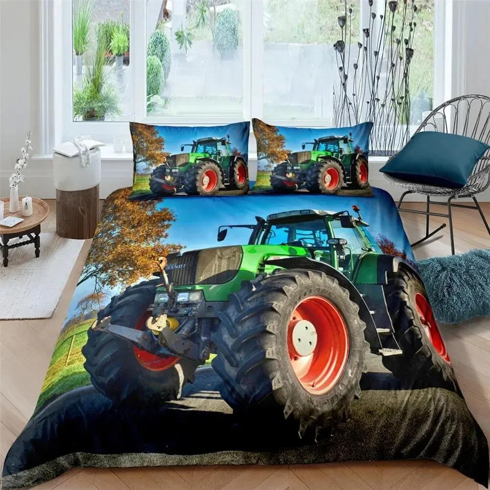 Retro Tractor King Queen Duvet Cover Car Bedding Set Engineering Vehicle Quilt Cover Farm Tool Cart 2-3Pcs Polyester Quilt Cover