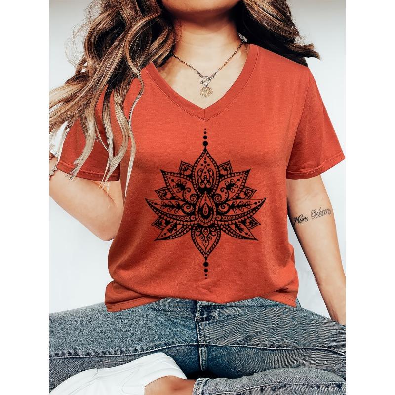 Lotus Print Large Size Women's V-Neck Short Sleeve T-Shirt