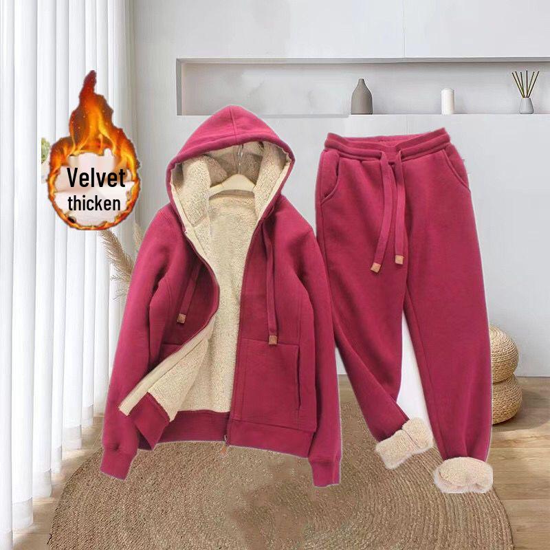 Plus Size Women's Fleece Lined Hooded Jacket & Sportswear Set - Autumn/Winter Korean Style