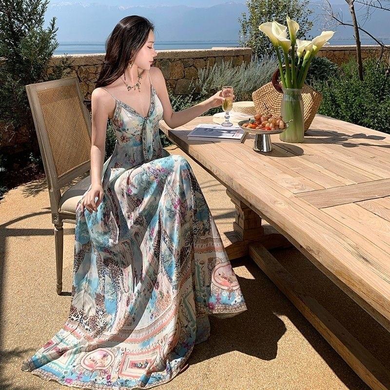 Suspender dress women's summer new bohemian vacation style long dress pure desire sexy v-neck halter dress