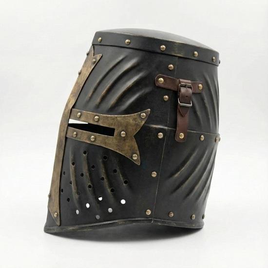 Medieval Crusader Great Helmet Blackened Steel Templar with Brass Cross SCA LARP Cosplay Gift Knight Armor Gift for Him