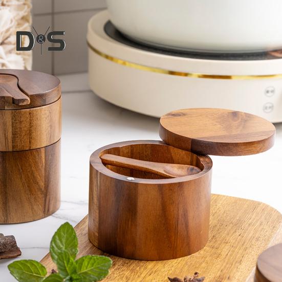 2-Layer Salt And Pepper Bowl with Spoon Magnetic Swivel Lid Dustproof Seasoning Box Rotatable Design Kitchen Helper for Serving