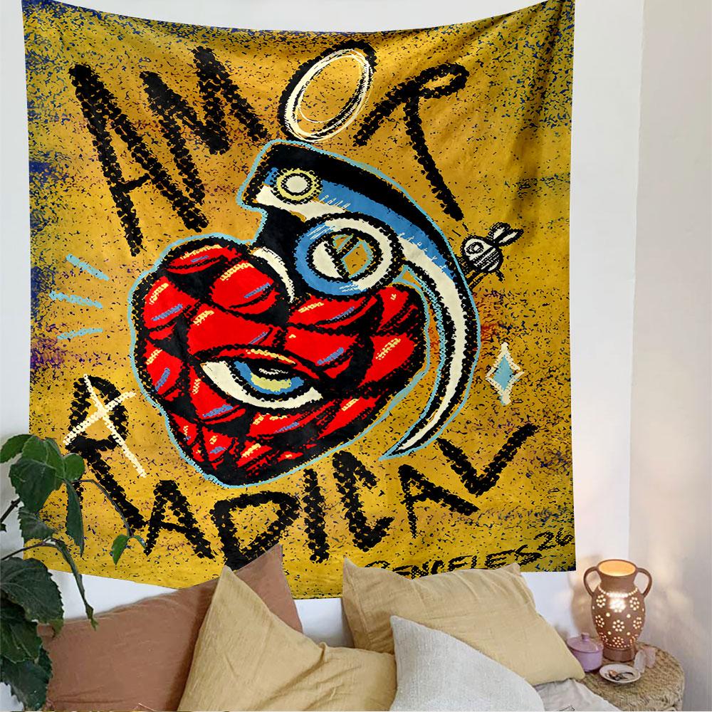 Amor Radical Tapestry Wall Hanging, Spanish Love Quote Poster Art, Boho Wall Decor for Bedroom Living Room Dorm
