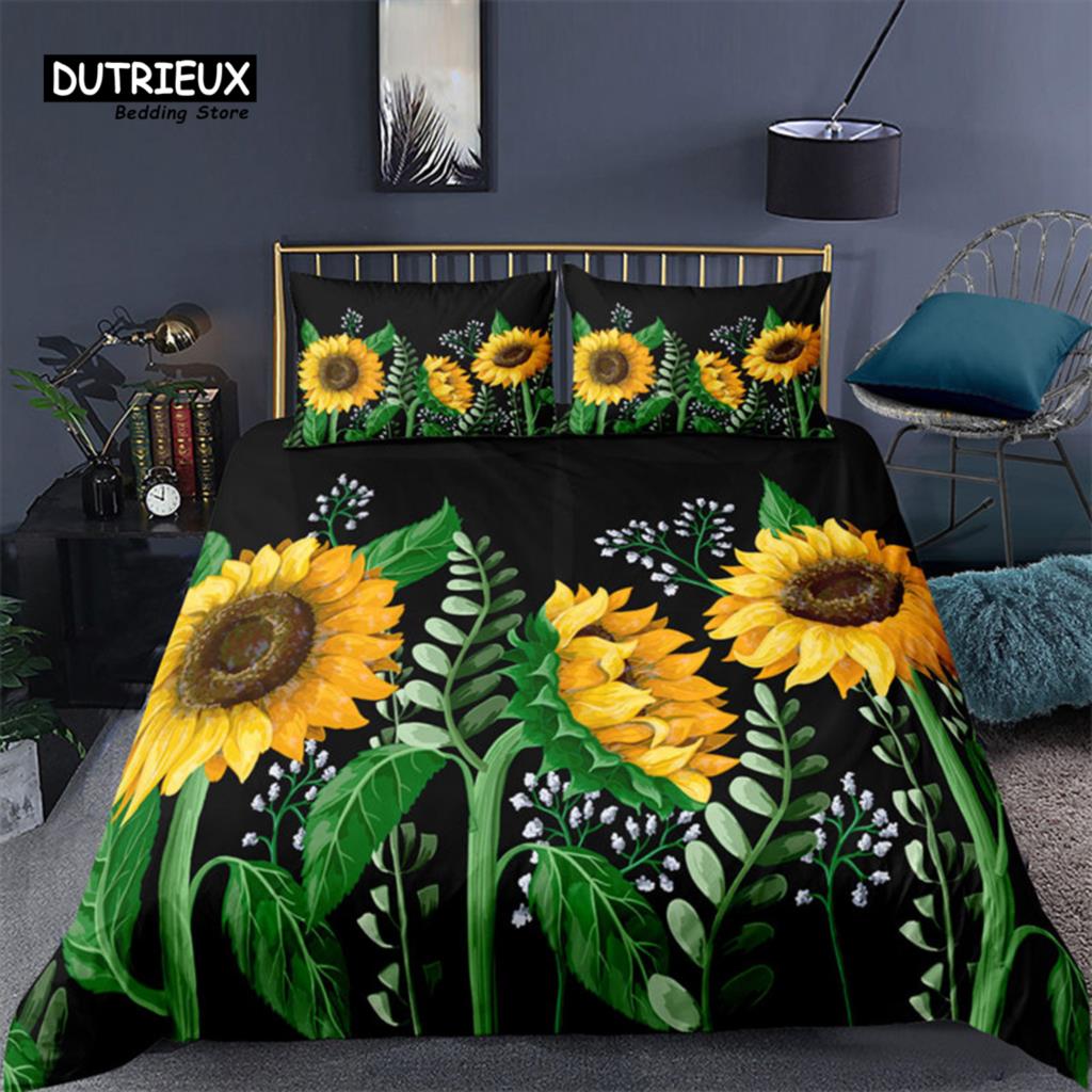 Sunflower Bedding Set Modern Microfiber Yellow Flowers Print Duvet Cover Alluring Sunflowers Summer Inspired Design Quilt Cover