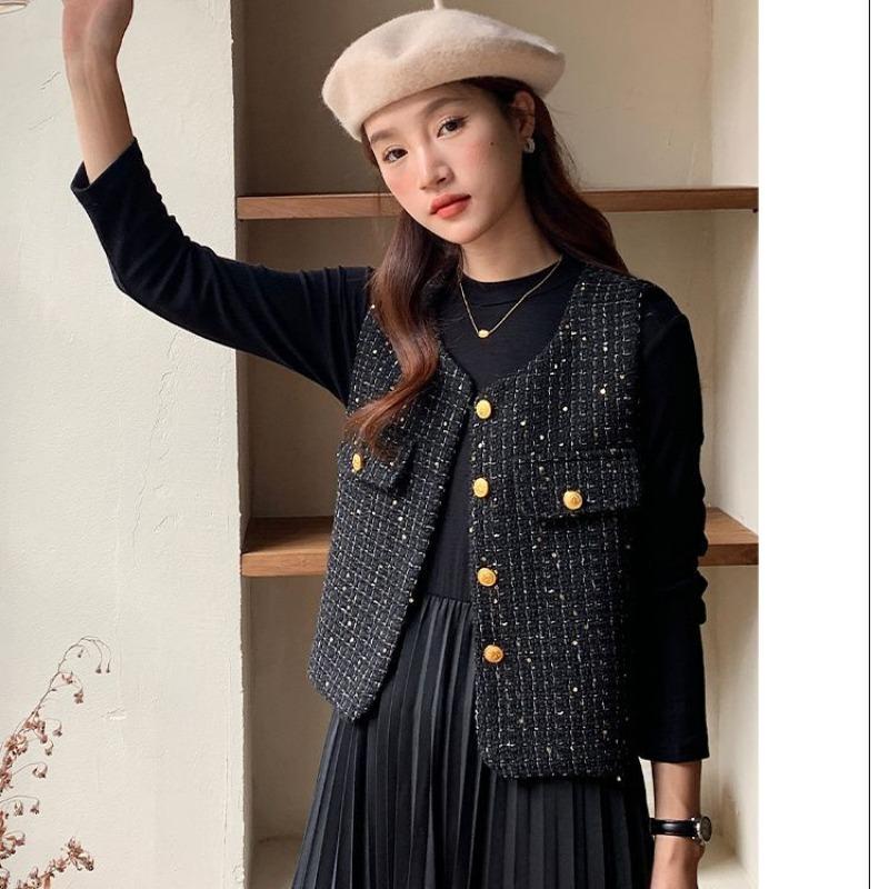 Women's Tweed Vest Elegant Sleeveless Button Up Waistcoat Casual Outerwear