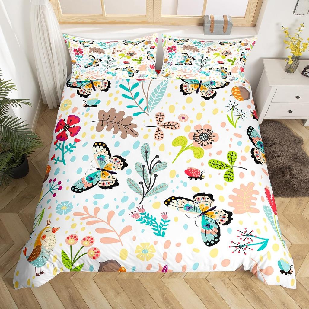 Comforter Cartoon Lion Kids Jungle Botanical Comforter Floral Zoo Animal Bedding Set Woodland Leaves Flowers