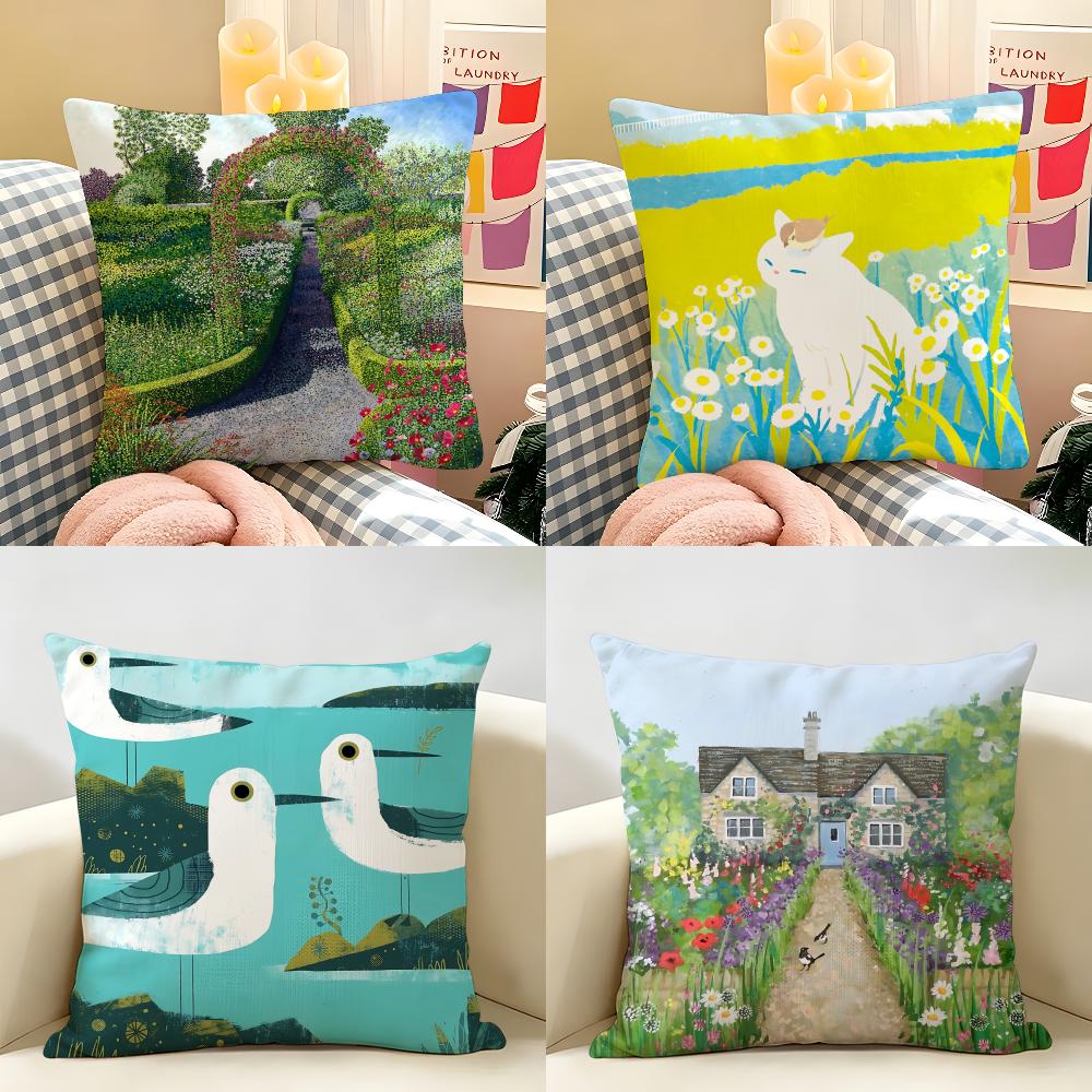 Retro Springtime Village Plants Cushion Cover Natural Linen Organic Fabric DoubleSided Printing Room Sofa Decor Pillow Case