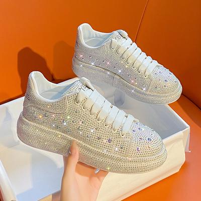 White Shoes Women's Spring Summer Rhinestone Flatform Single Shoes Platform Sole Student Athleisure Sneakers