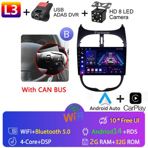 2DIN Android 13 Radio For Peugeot 206 206CC 206SW 2001 2002 2003-2008 Car Stereo Multimedia Player Carplay Auto GPS Navigation