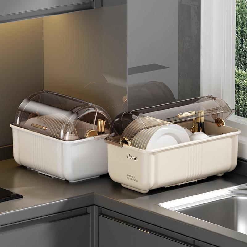 Multi-Functional Kitchen Storage Box with Lid: Bowl & Chopstick Rack, Draining Cabinet Organizer