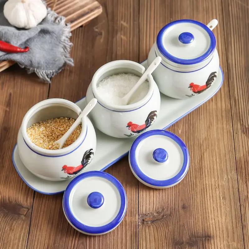 Retro Ceramic Rooster Seasoning Jar Salt and Monosodium Glutamate Seasoning Jar Household Kitchen with Lid Spoon