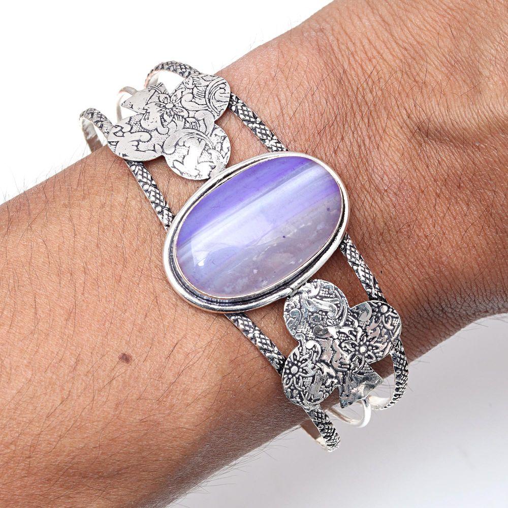 Blue Botswana Agate Gemstone Jewelry Cuff Bracelets 7''Adjustable